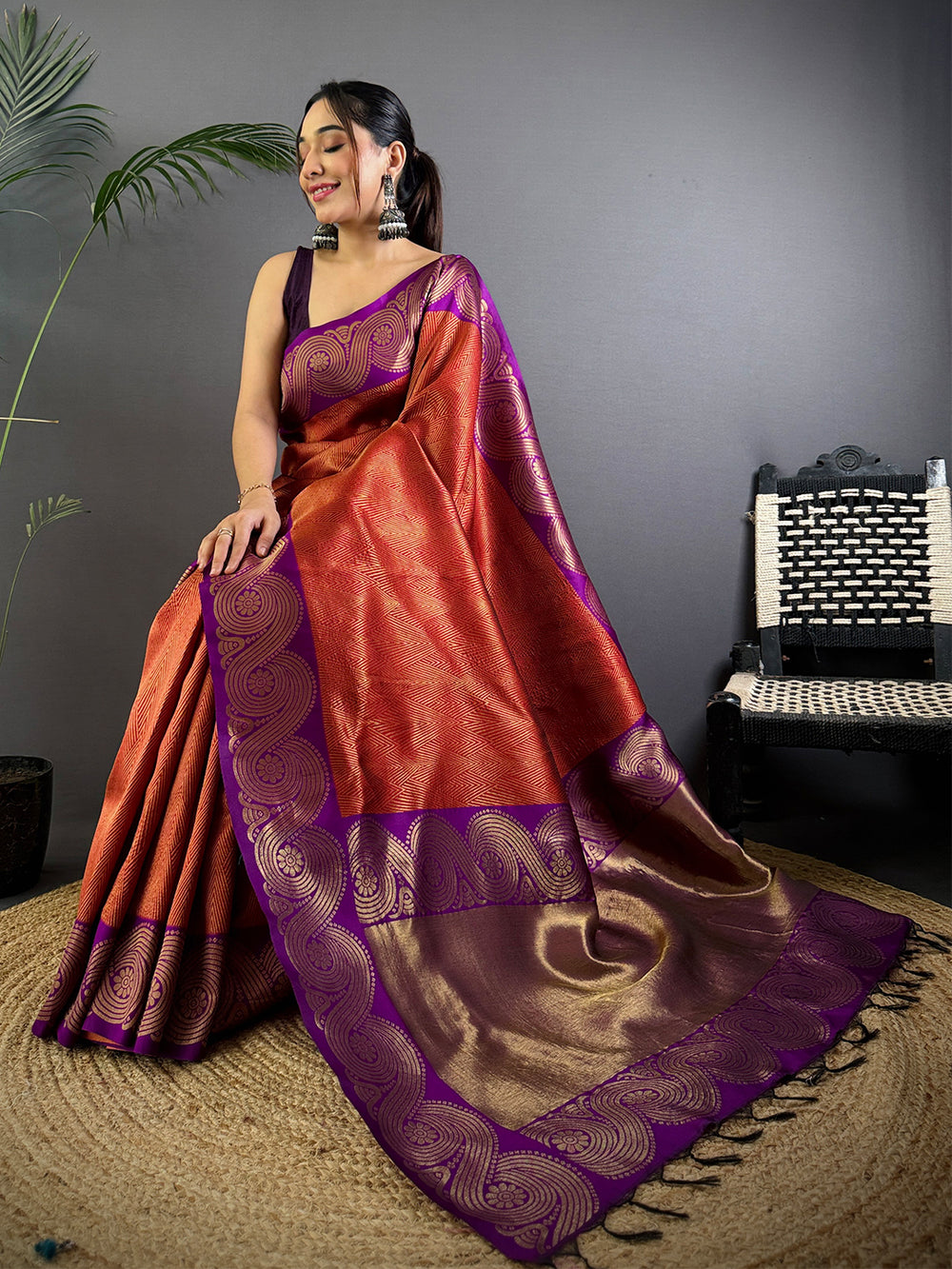 Rust Orange Banarasi Katan Silk Saree