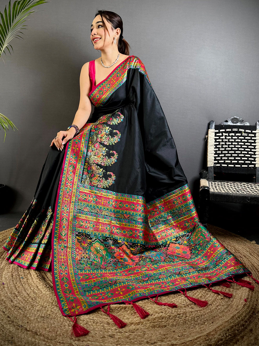 Black Kashmiri Pashmina Semi Silk Saree