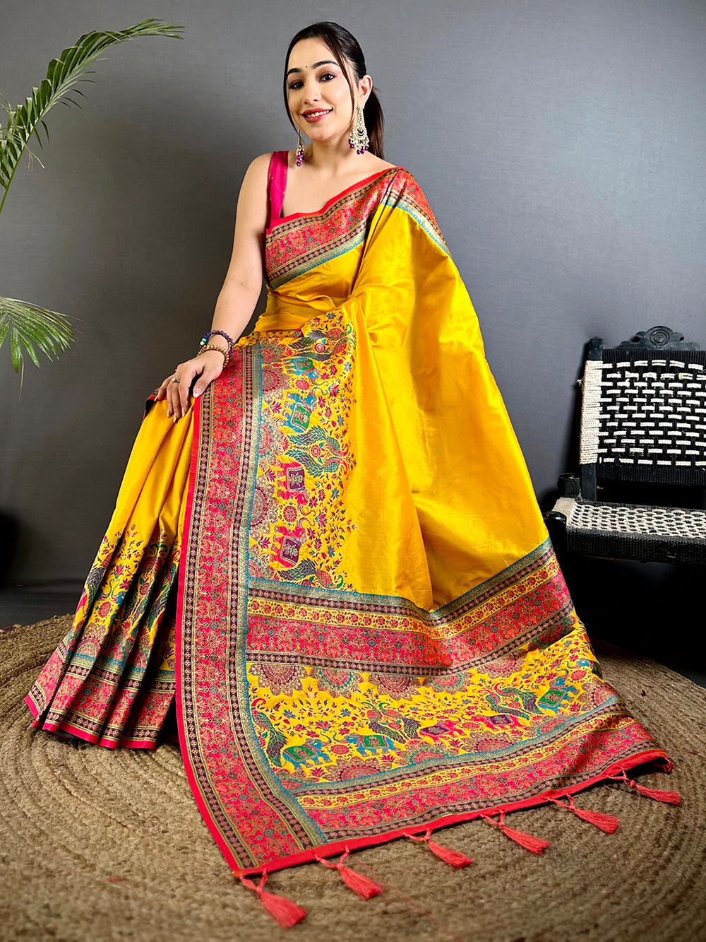 Yellow Kashmiri Art Soft Silk Saree