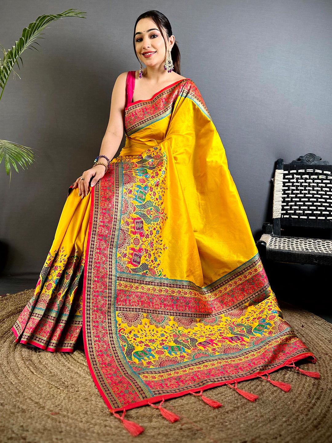 Yellow Kashmiri Art Soft Silk Saree
