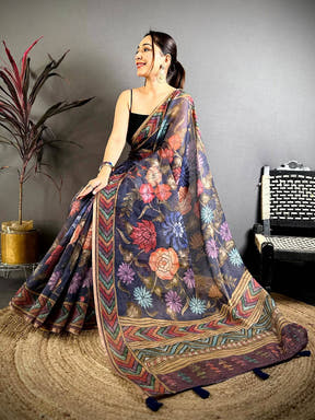 Purple Kalamkari Linen Chanderi Saree


