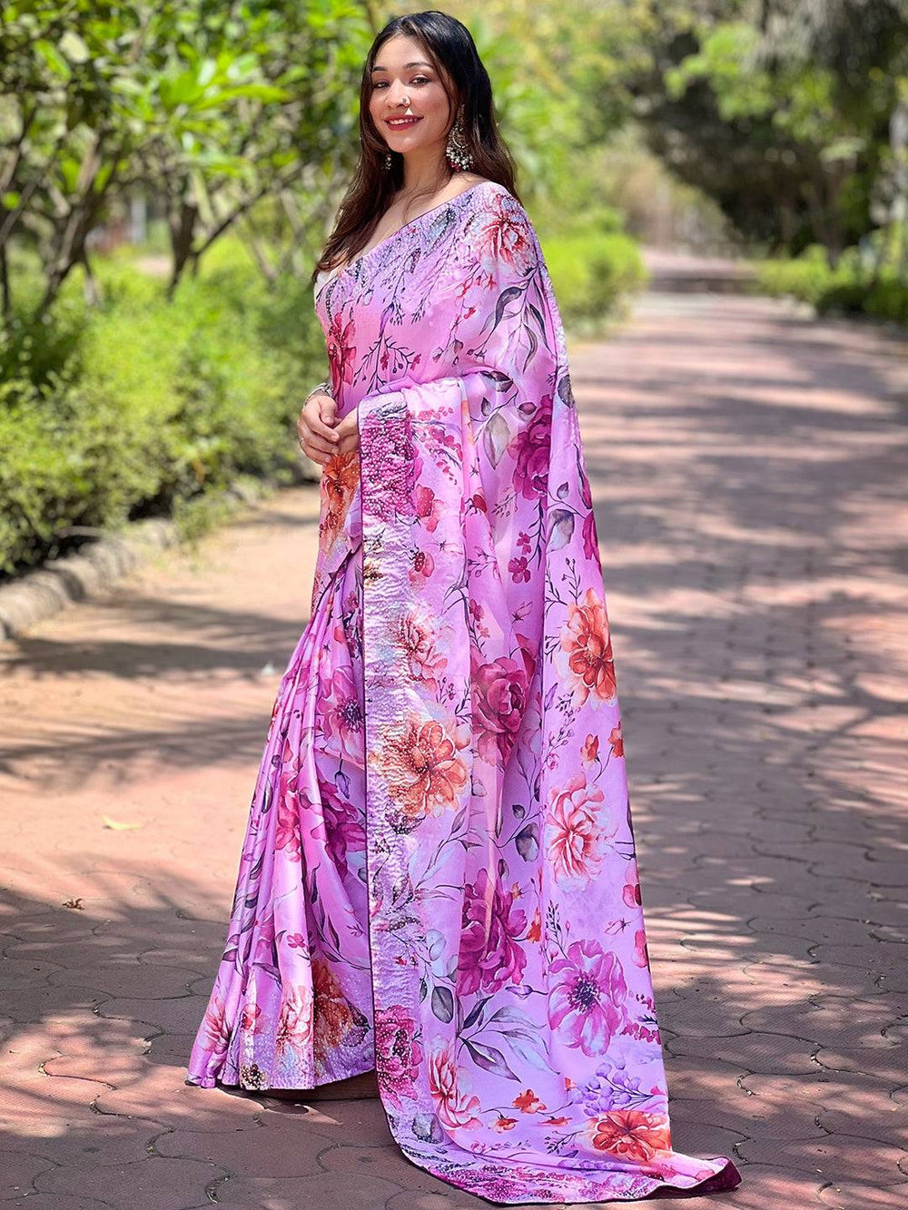 Full view of Satin Georgette Pink Floral Digital Print Saree