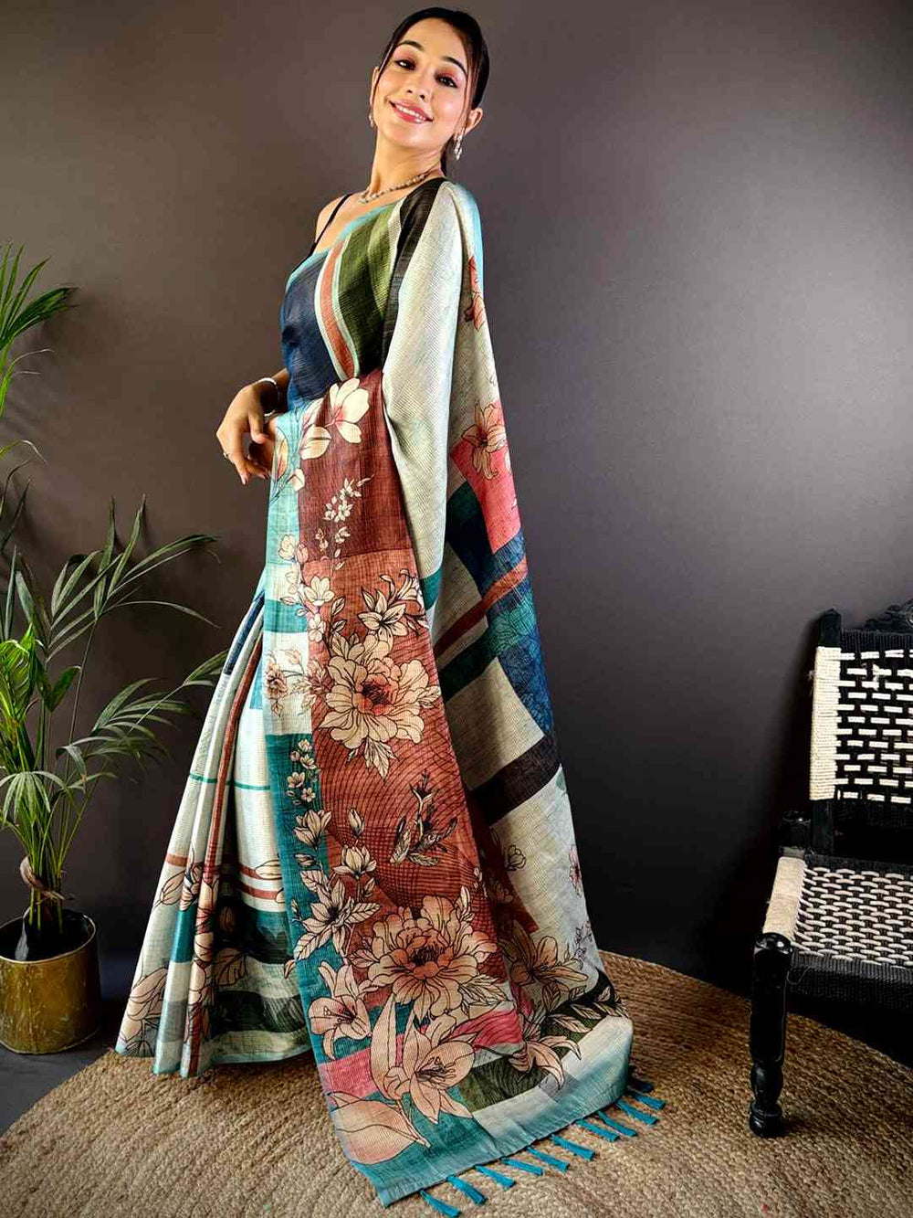 Multi Tussar Zari Floral Saree