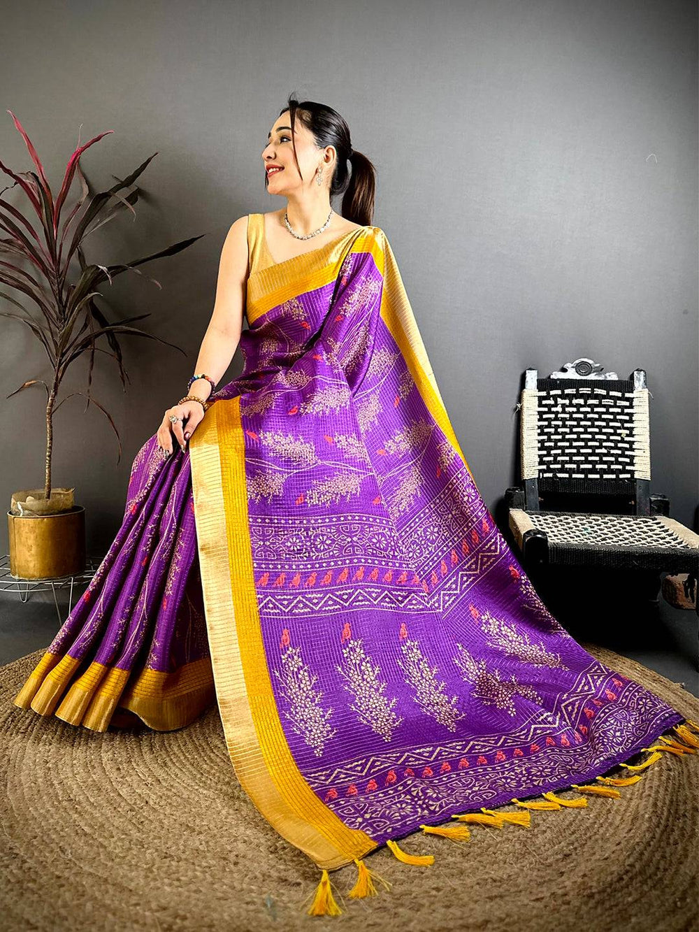 Purple Tussar Zari Chex Bird Motif Saree