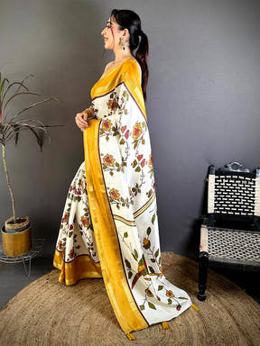 Mustard Soft Dola Floral Print Gadwal Border Saree