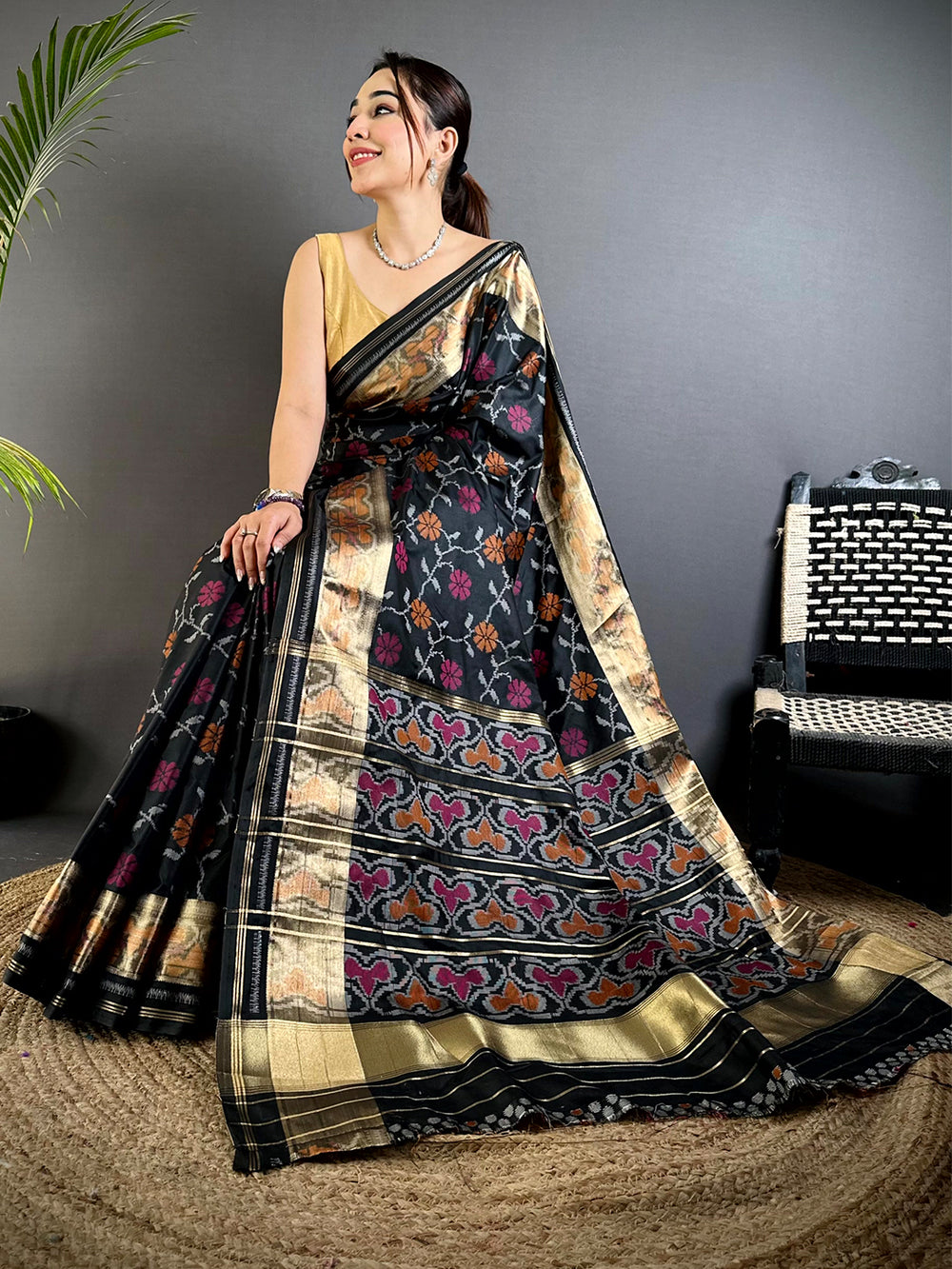 Black Pochampally Double Ikkat Saree