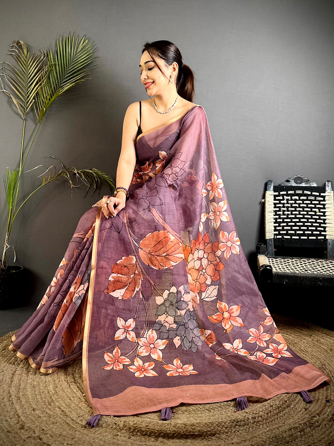 Classic Purple Floral Linen Saree