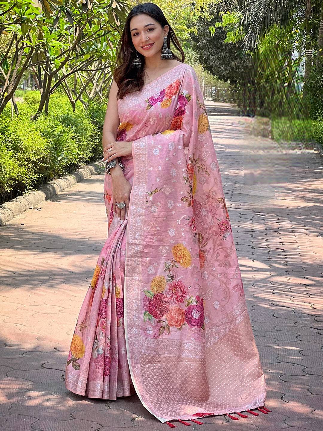 Light Pink Silk Saree With Lakhnavi Bandla Zari And Digital Floral Print