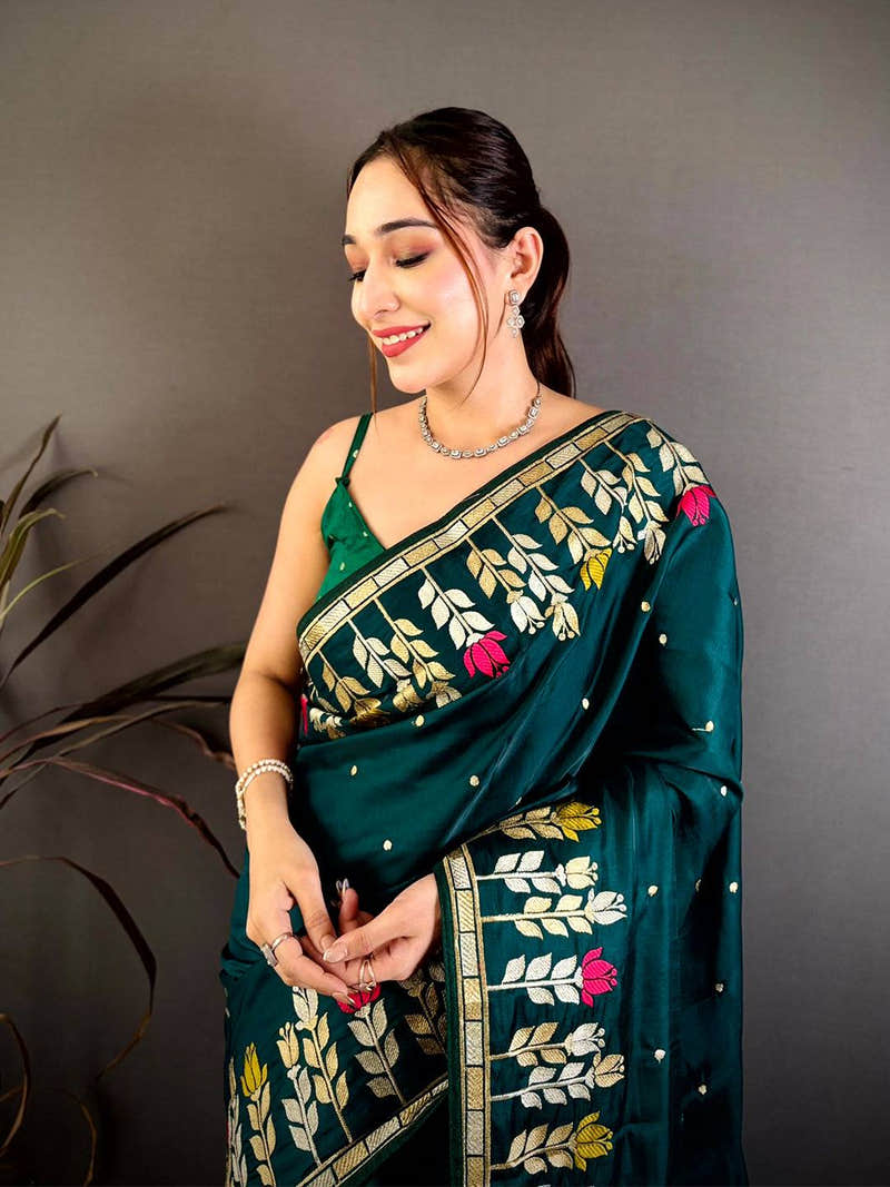 Green Soft Satin Minakari Aari Work Saree