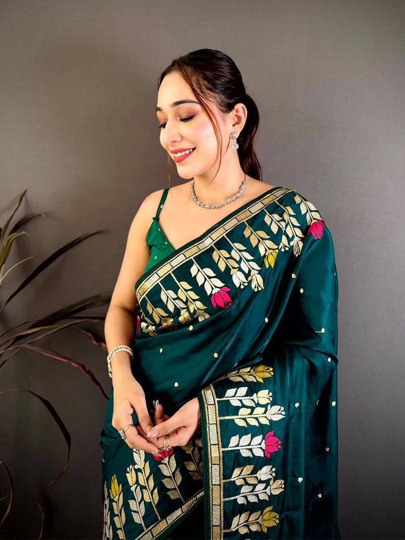 Green Soft Satin Minakari Aari Work Saree