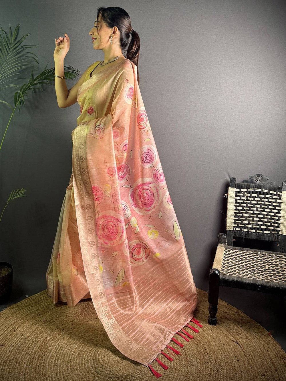 Light Pink Soft Organza Silk Floral Saree