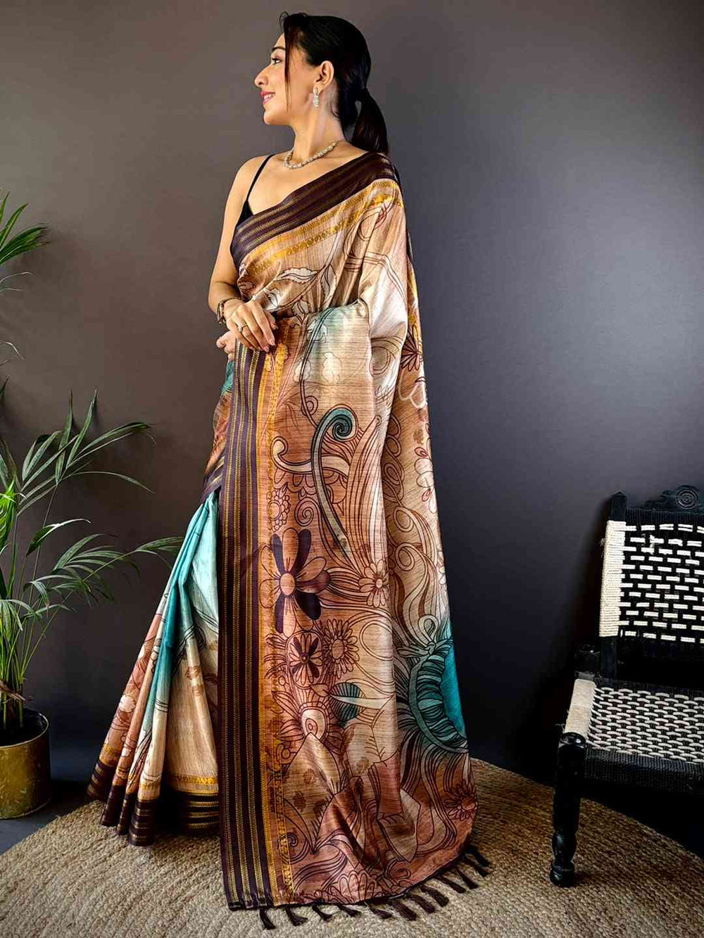French Beige Soft Silk Abstract Geometric Saree