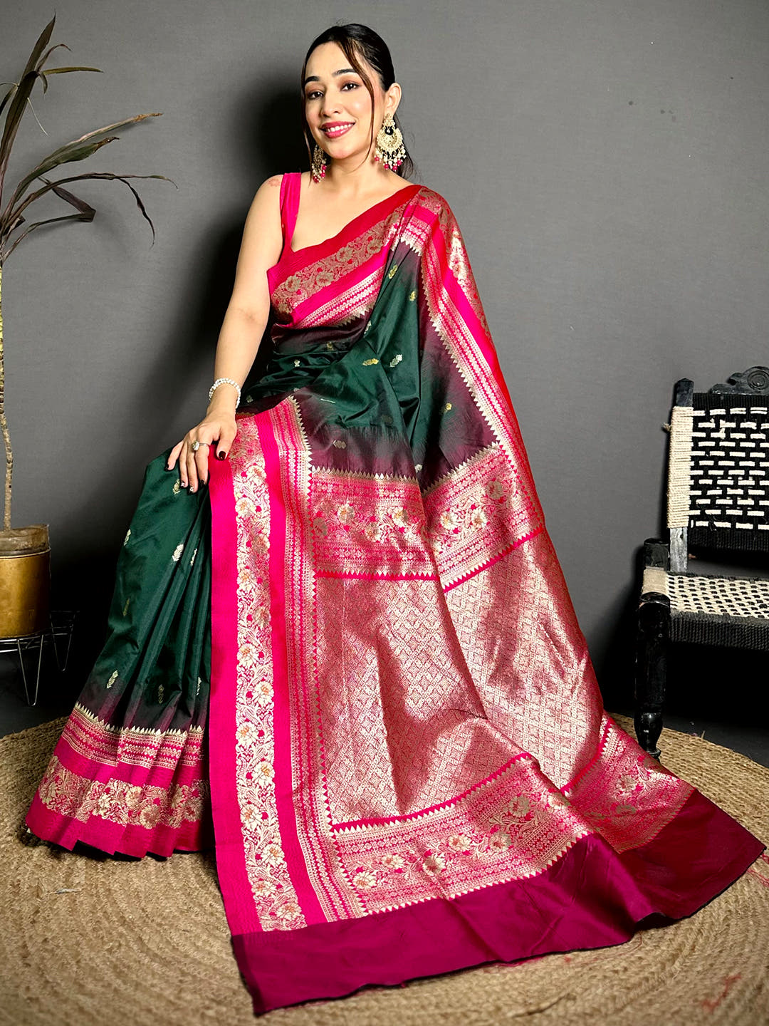 Gold Zari Woven Bottle Green Soft Silk Saree