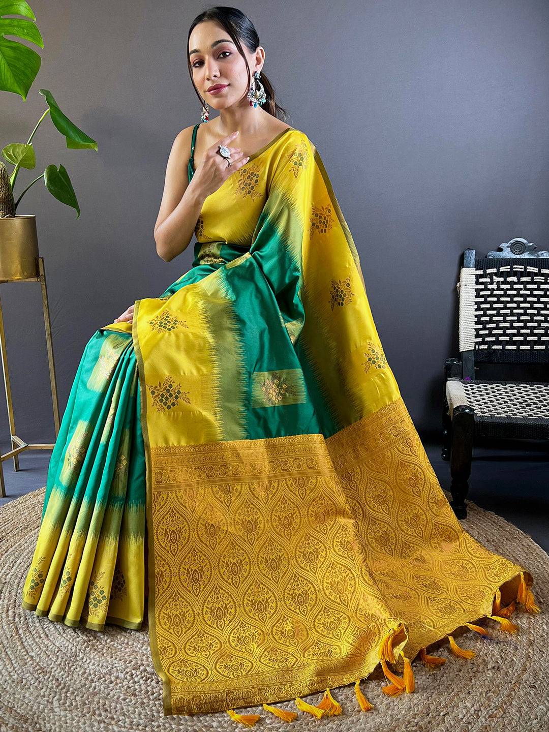 Dark Green Sami Banarasi Tussar Silk Saree

