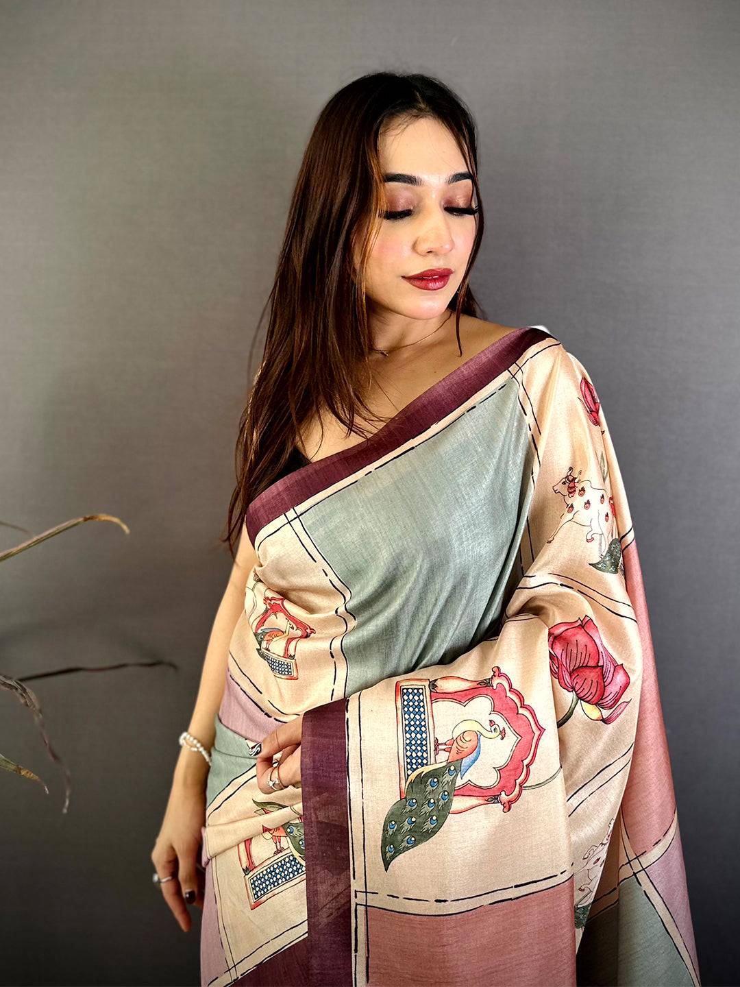 Vibrant Tussar Contrast Kalamkari Pallu Saree