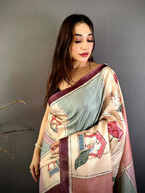 Vibrant Tussar Contrast Kalamkari Pallu Saree