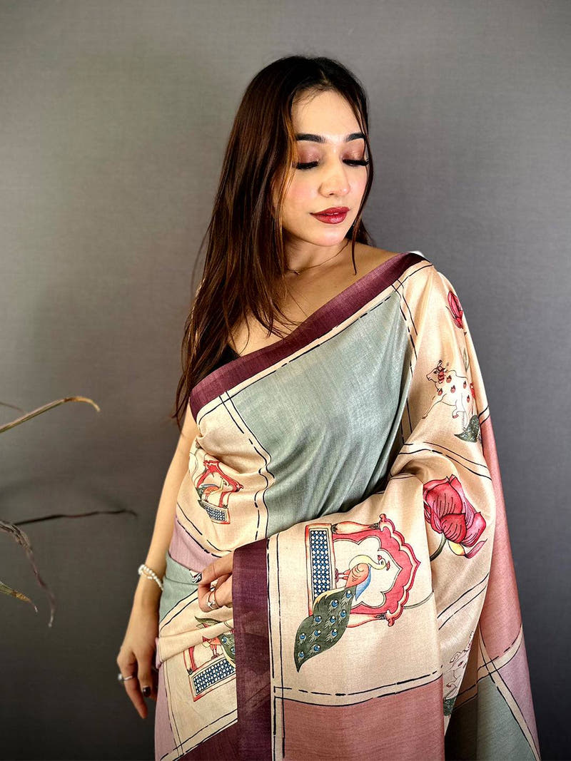 Vibrant Tussar Contrast Kalamkari Pallu Saree