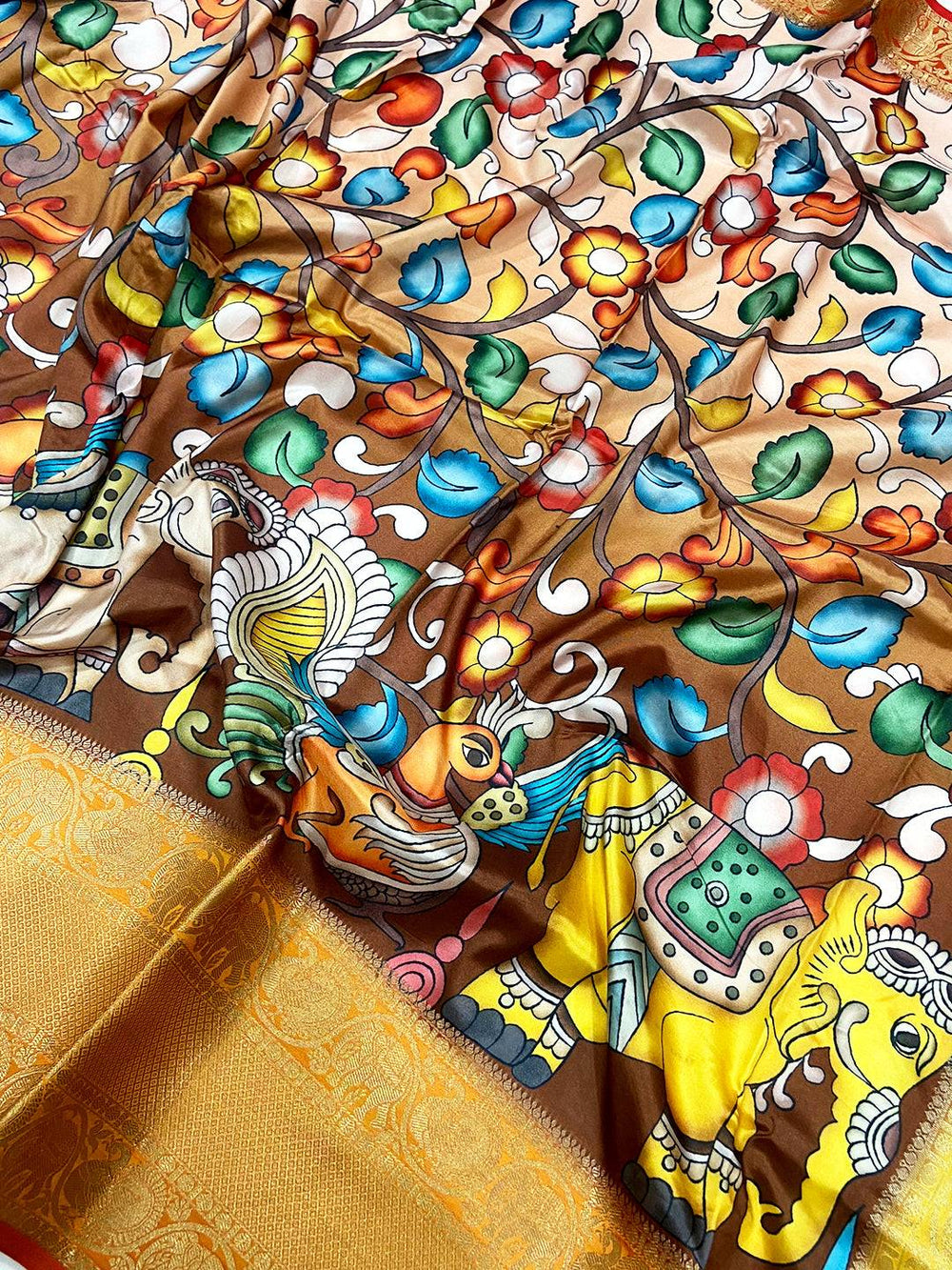 Coffee Brown Kalamkari Digital Prints Saree