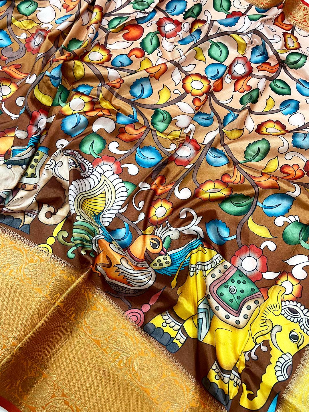 Coffee Brown Kalamkari Digital Prints Saree