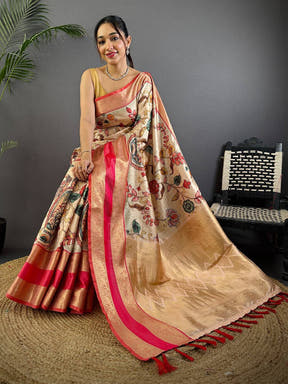 Cream Soft Silk Gadwal Kalamkari Saree