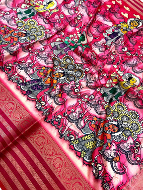 Rose Pink Kalamkari Printed Banarasi Saree