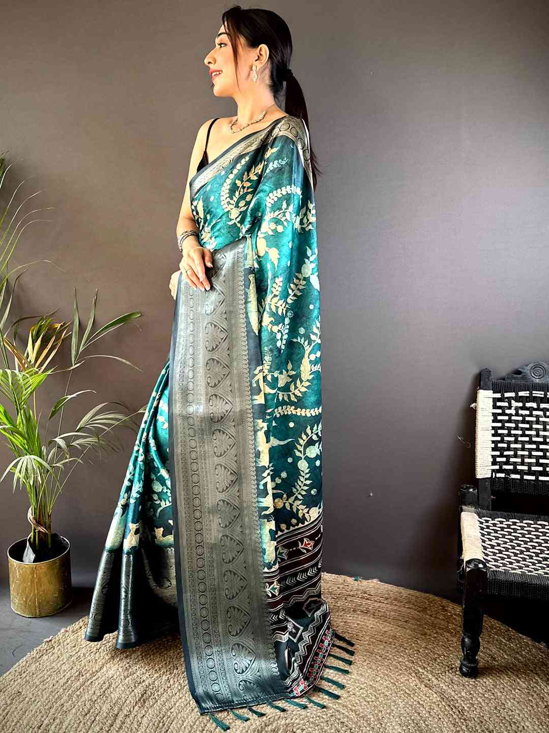 Teal Floral Animal Batik Soft Silk Saree