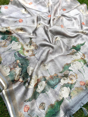 Bollywood Grey Soft Kota Doriya Silk Saree With Flower Print