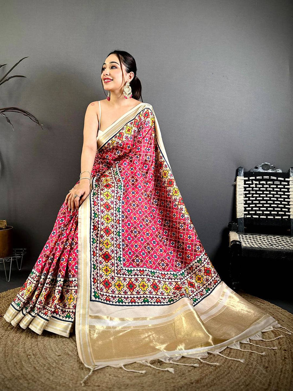 Pink Ethnic Digital Ikkat Kanchi Saree