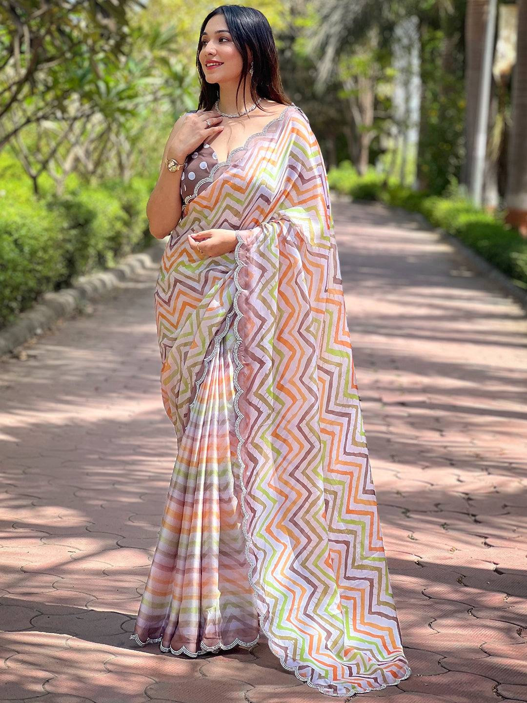 Traditional Satin Georgette Leheriya And Striped Print Saree