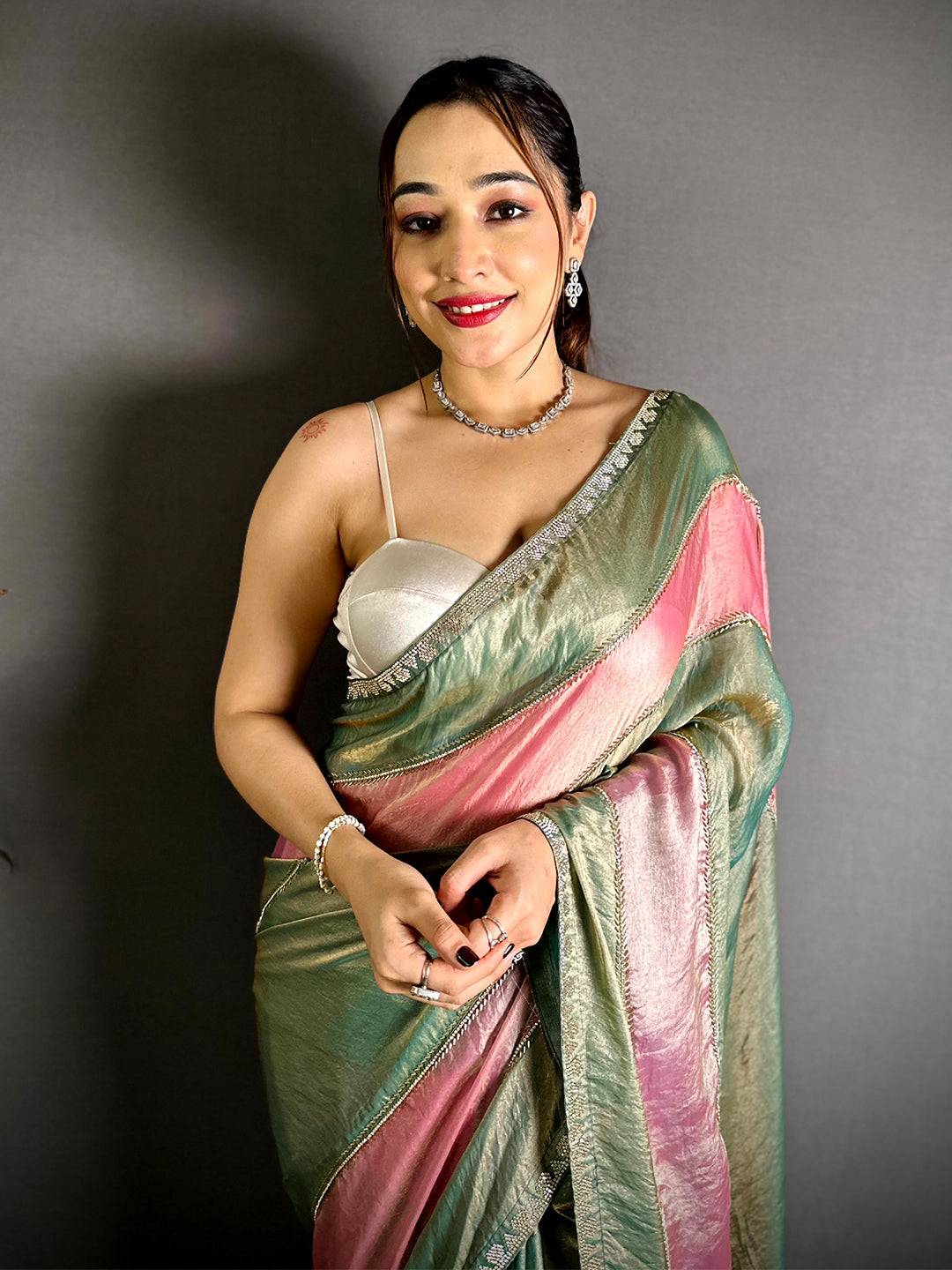 Classic Satin Tissue Diamond Work Saree