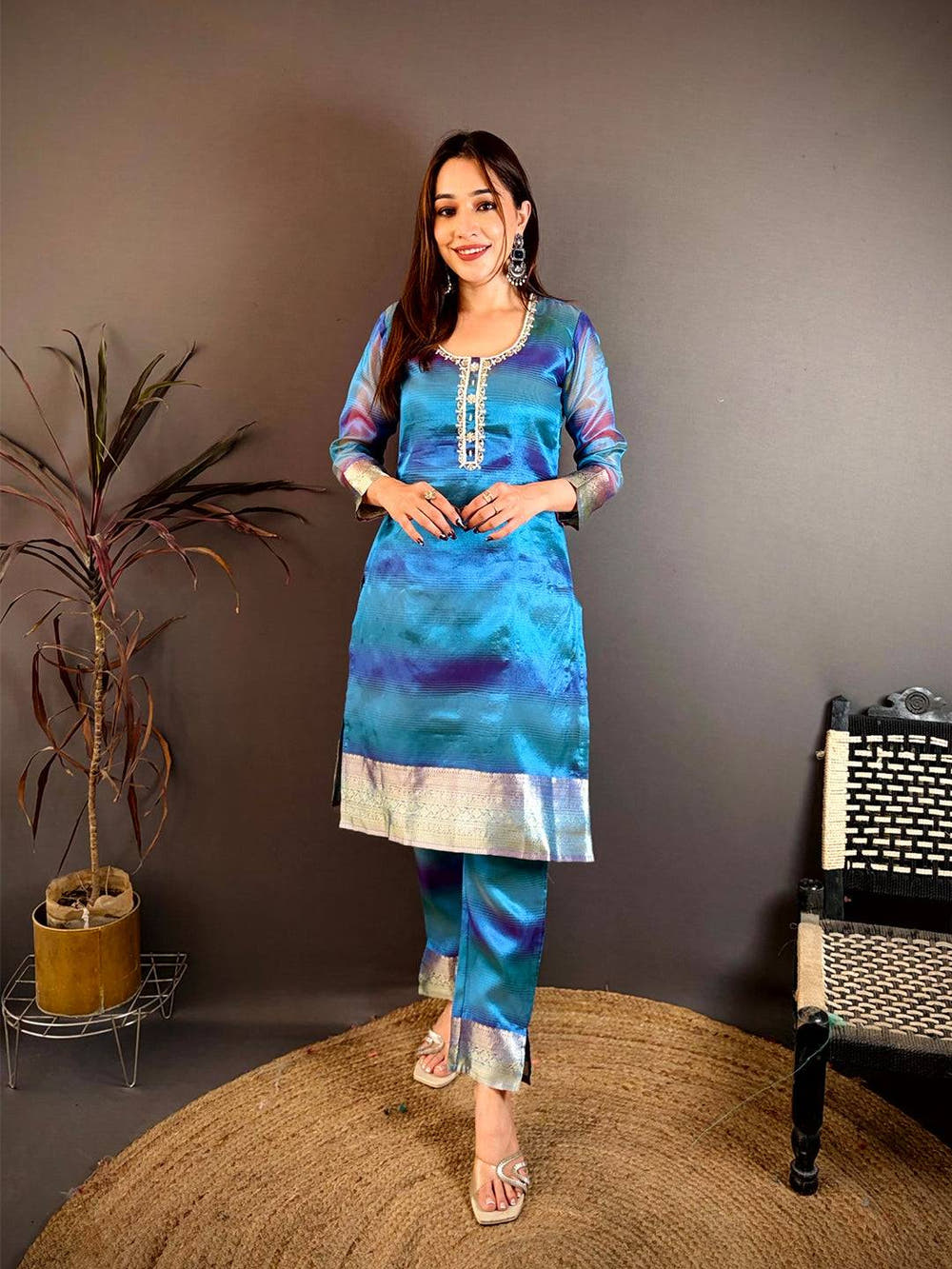 Elegant Tissue Silk Round Neck Kurti