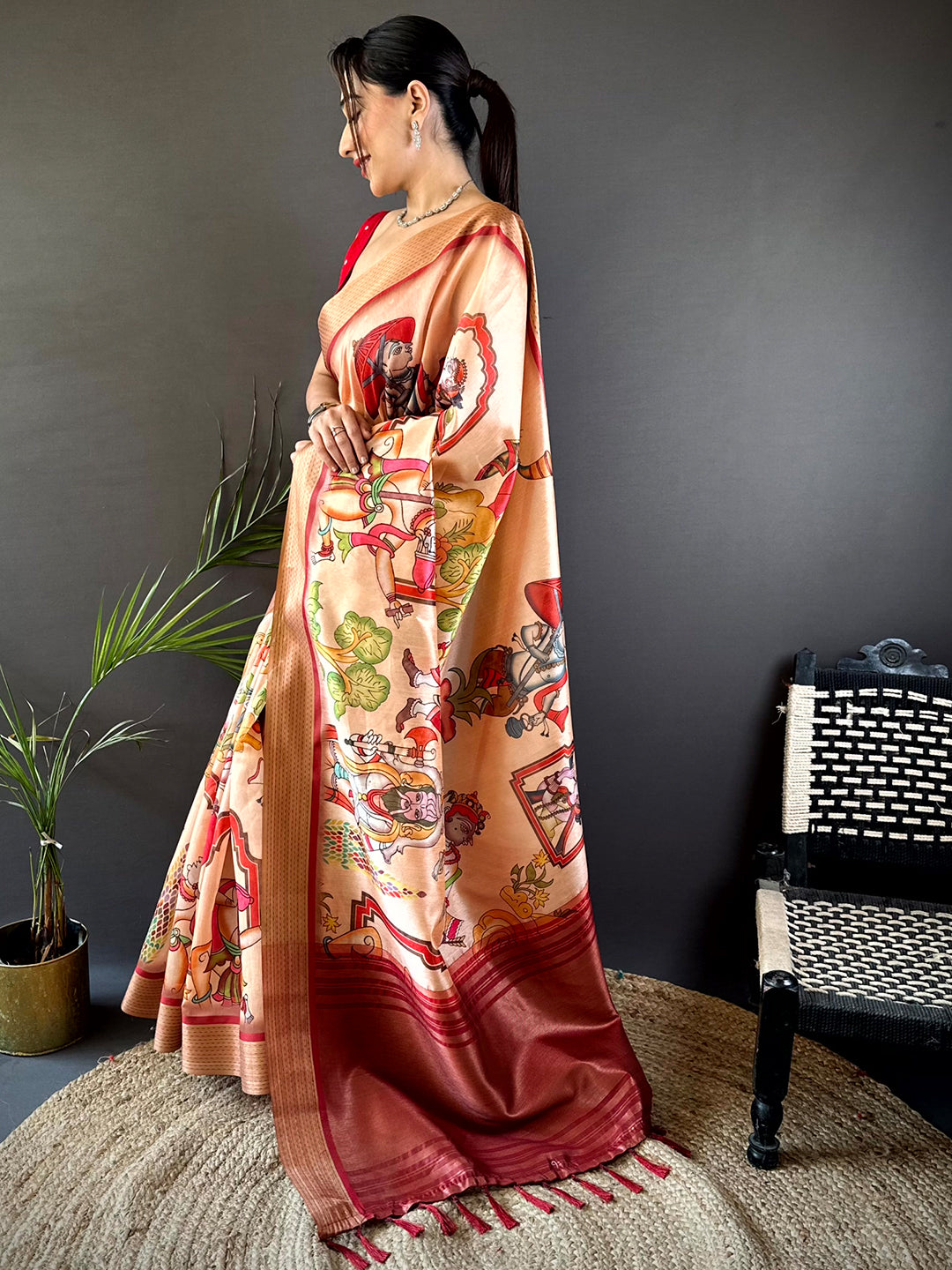 Peach Digital Kalamkari Printed Tussar Silk Saree