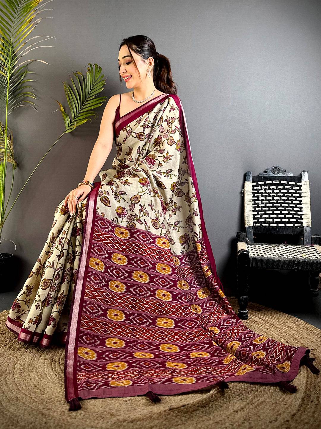 Magenta Floral Phulkari Mul Cotton Saree