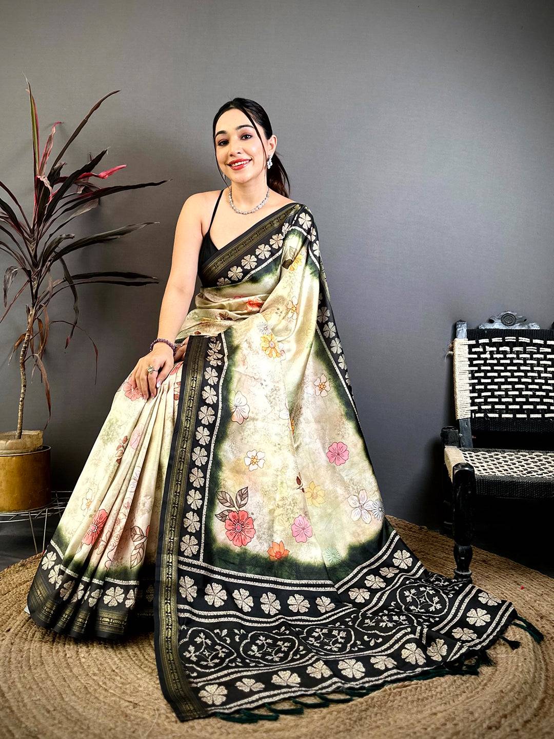 Elegance Floral Soft Silk Zari Border Saree