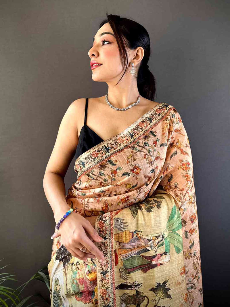 Peach Tussar Pashmina Kalamkari Saree