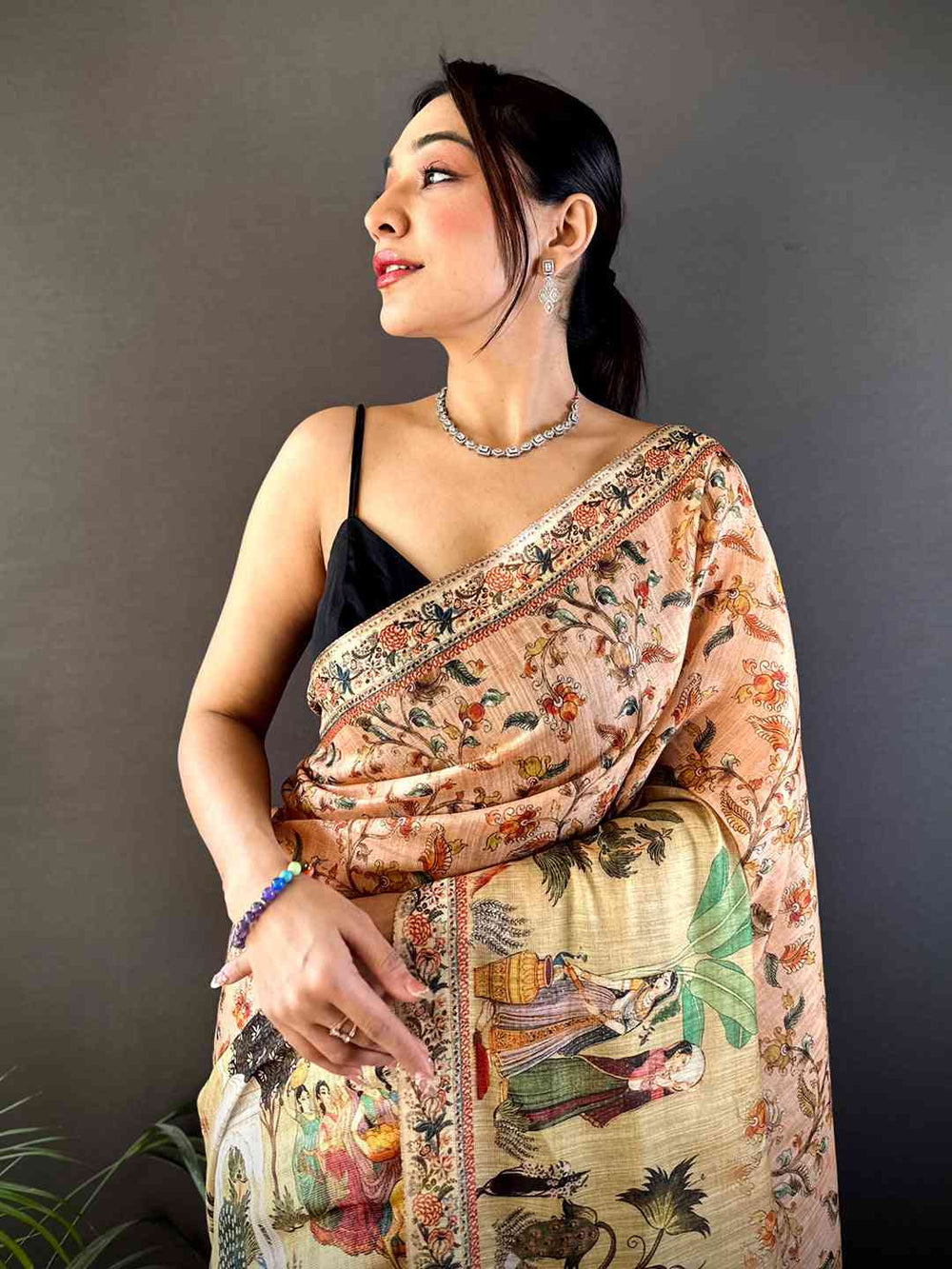 Peach Tussar Pashmina Kalamkari Saree