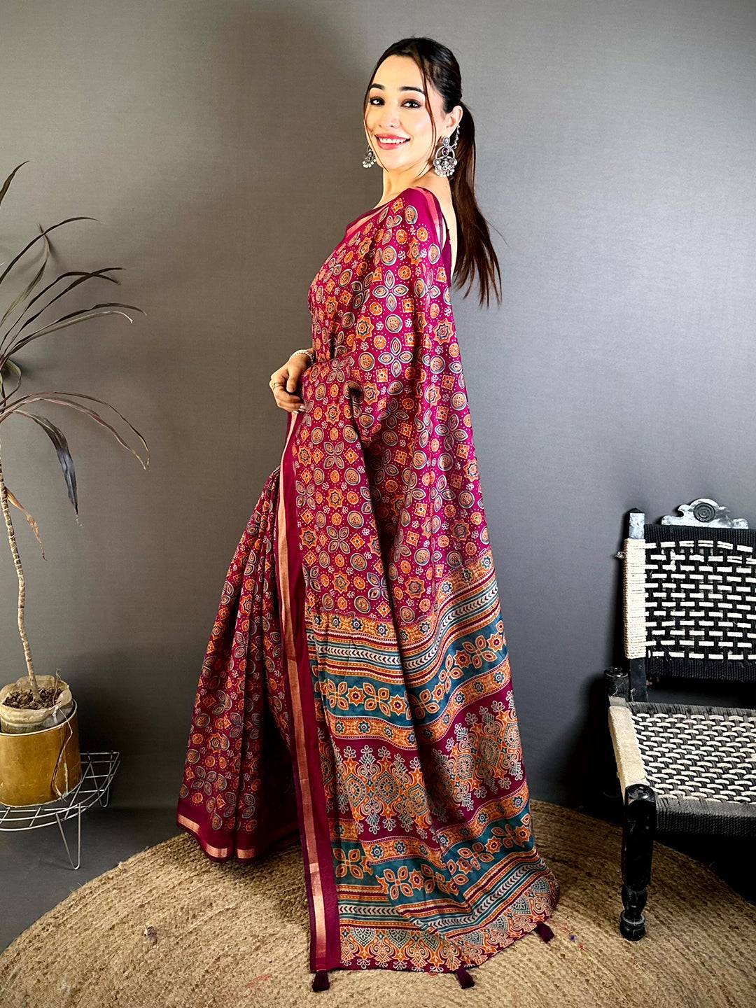 Wine Mul Cotton Ajrak Vintage Print Saree