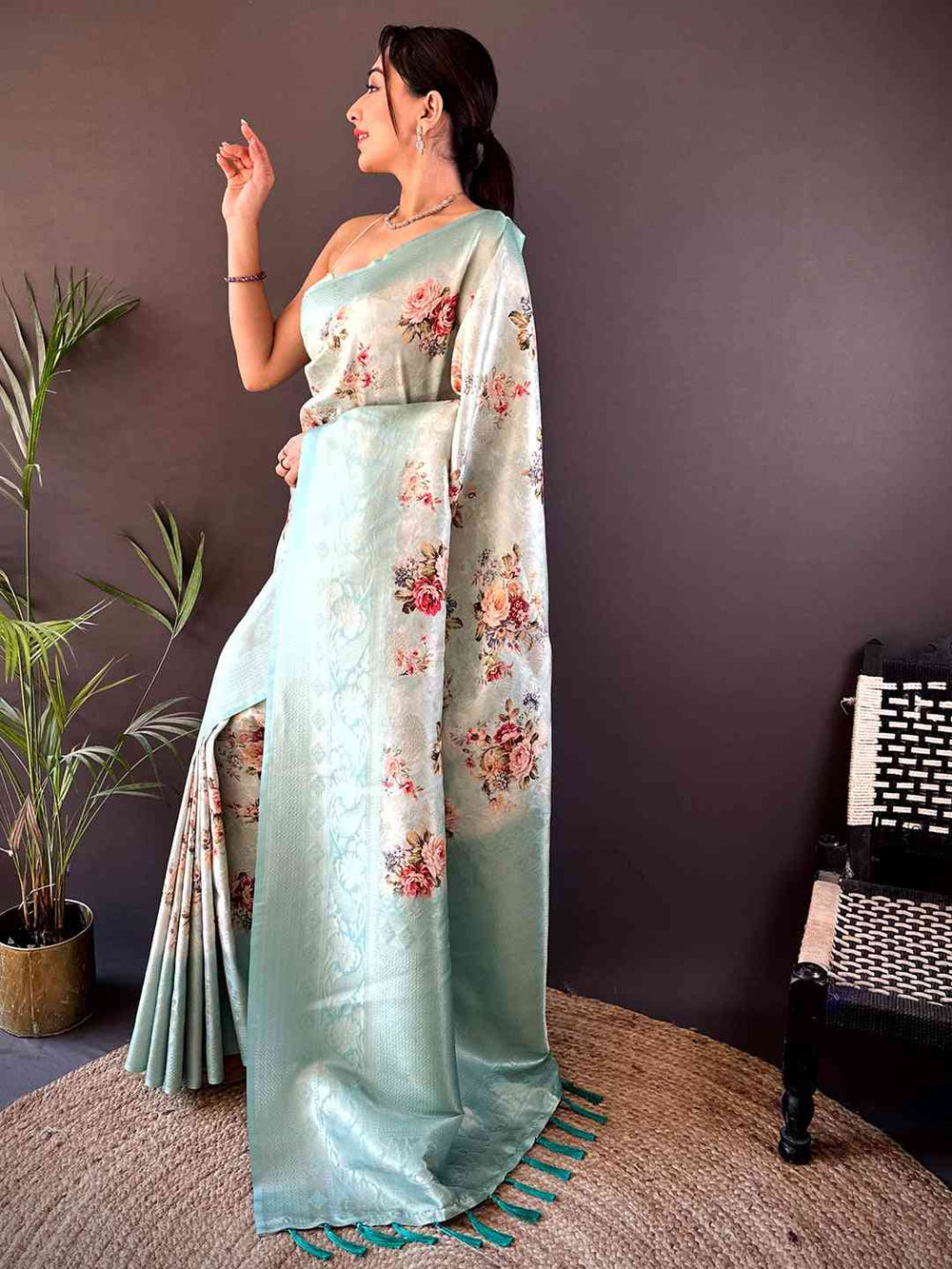 Mint Green Kanjivaram Digital Silk Saree