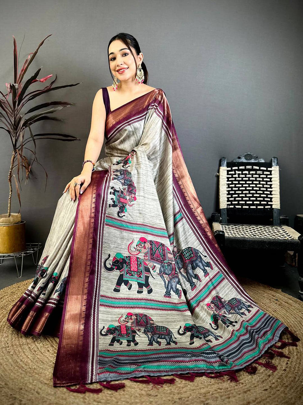 Artistic Block Print Dola Silk Saree
