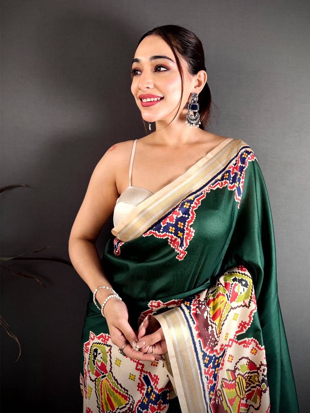 Green Patola Print Soft Kanchi Silk Saree
