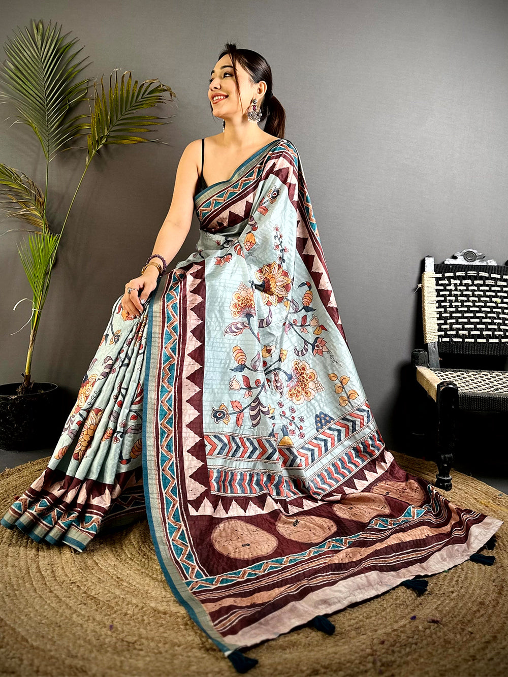 Radiant Ajrakh Kalamkari Tussar Saree