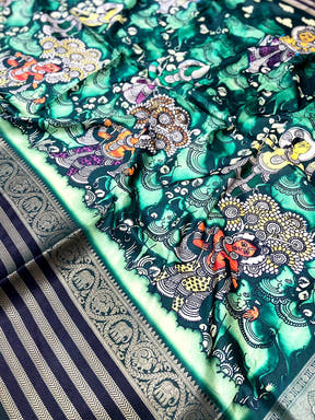 Bottle Green Kalamkari Printed Banarasi Saree