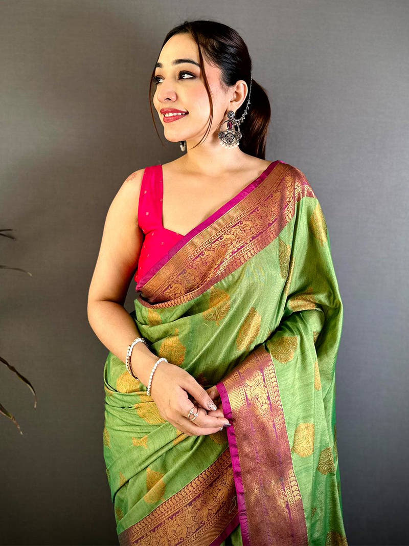 Elegant Katan Tussar Feel Zari Border Saree