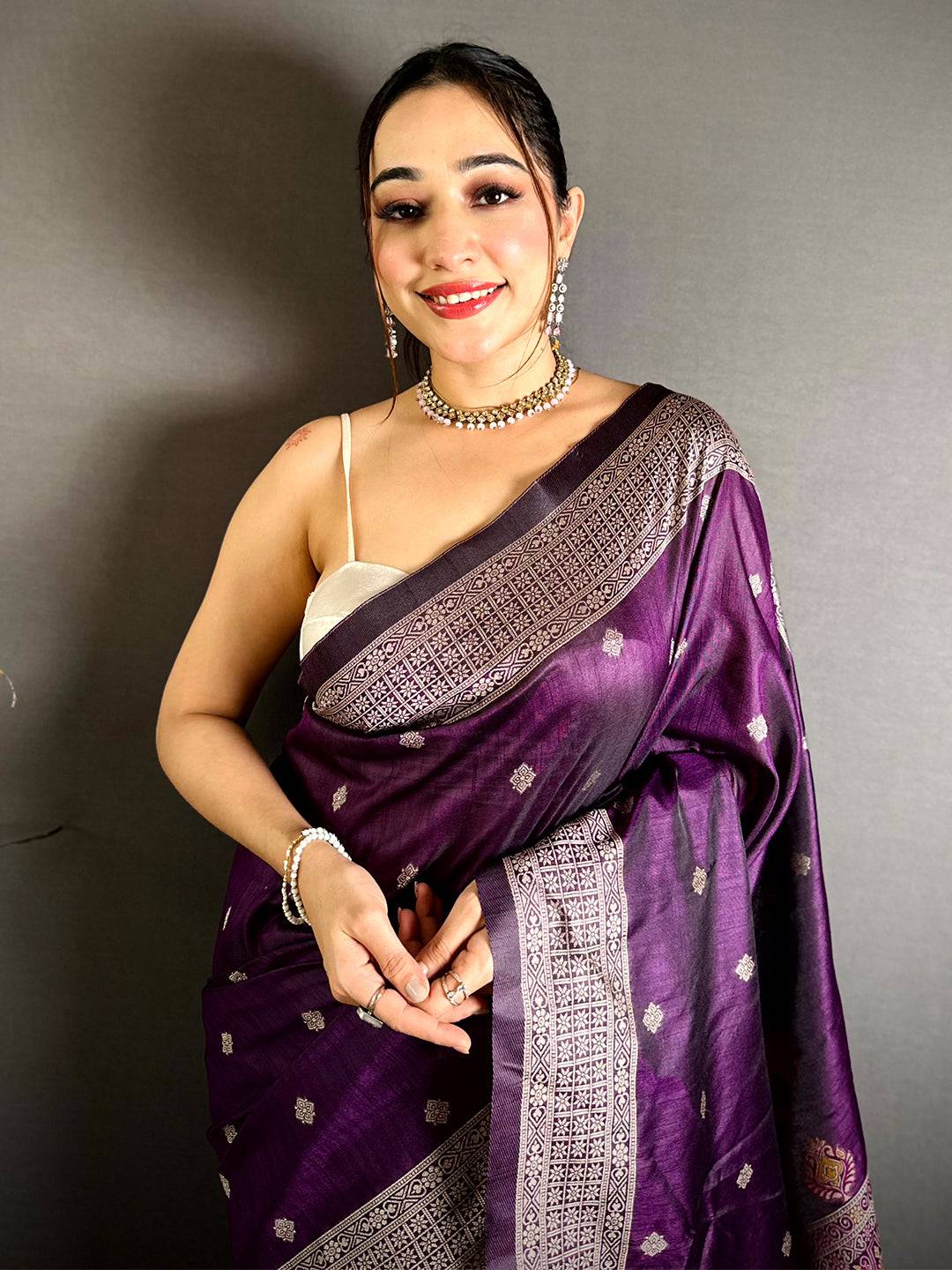 Wine Katan Silk Thread Work Saree