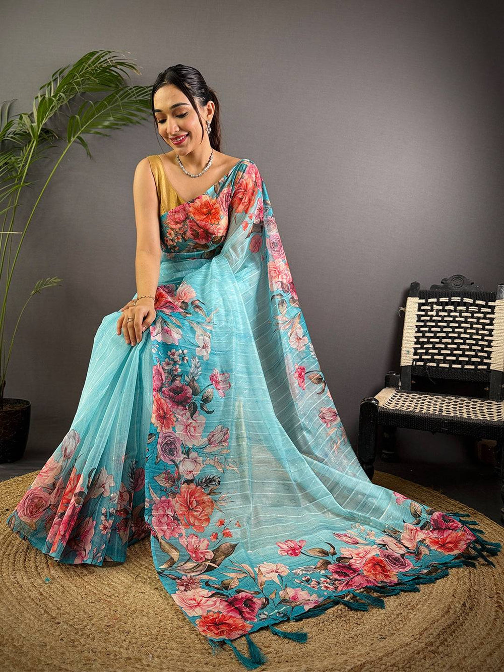 Sky Blue Soft Organza Digital Floral Saree