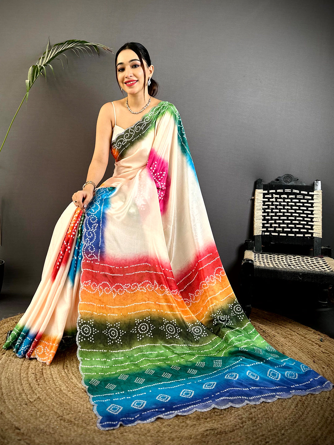 Stylish Chiffon Bandhej Swarovski Saree