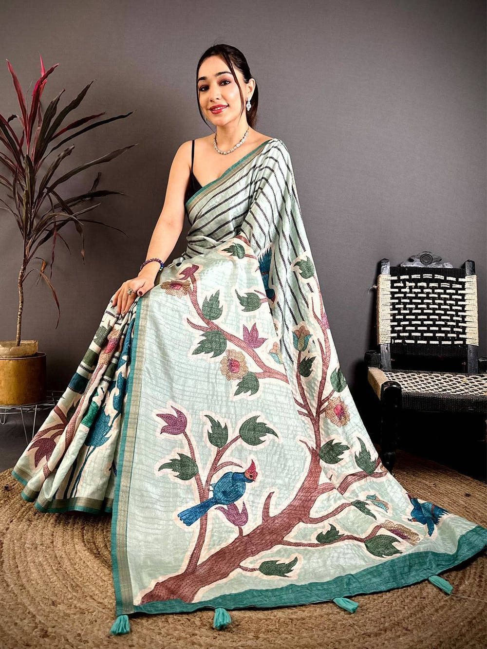 Mint Green Tussar Ghicha Floral Bird Saree