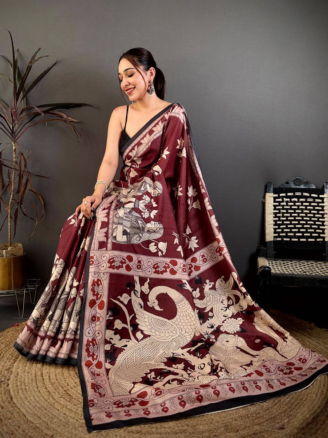 Elegant Maroon Kalamkari Printed Tussar Saree