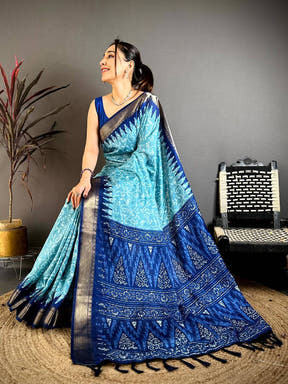 Sky Blue Pearl Ikkat Dola Silk Saree