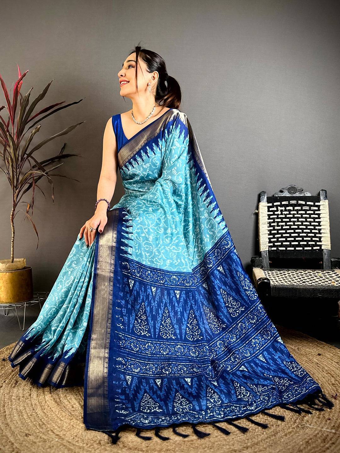 Sky Blue Pearl Ikkat Dola Silk Saree